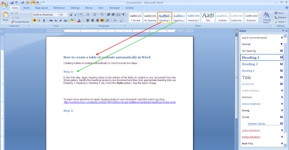 how to create table of content in word automatically